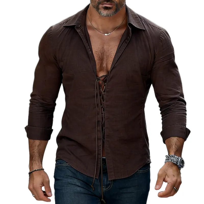 Men's Retro Casual Cotton Linen Tie-Waist Lapel Long-Sleeve Shirt MTZ2216A6TO sold by Manly