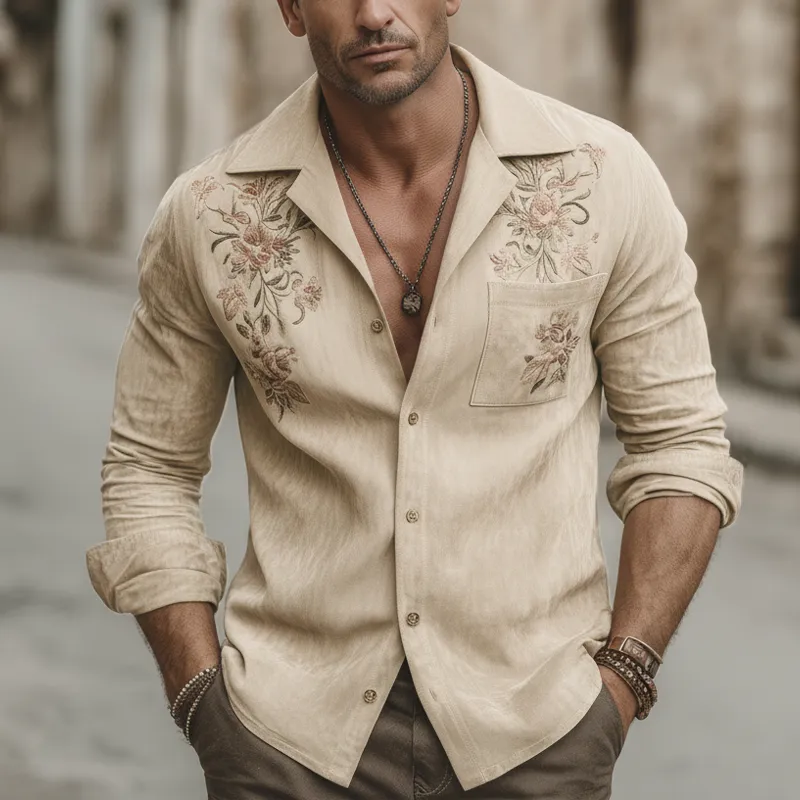 Men's Retro Faux Suede Floral Embroidered Long-Sleeved Shirt MTZ2250A9U sold by Manly product image thumbnail 2