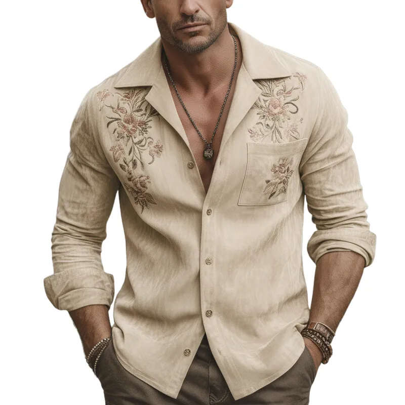 Men's Retro Faux Suede Floral Embroidered Long-Sleeved Shirt MTZ2250A9U made by Manly