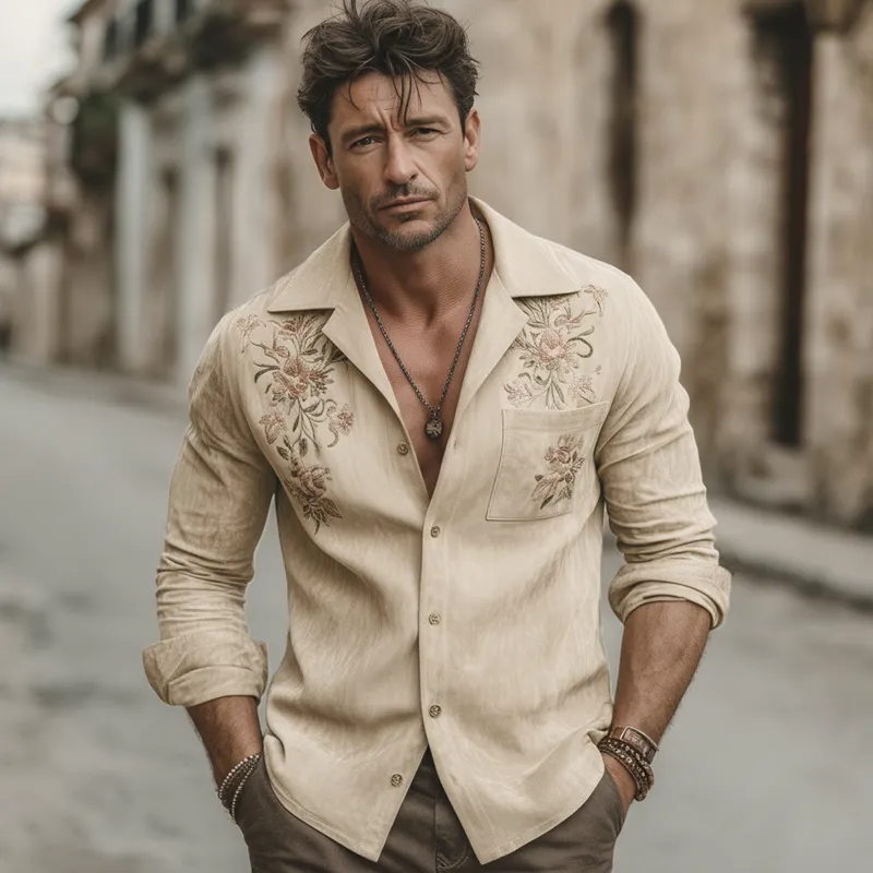 Men's Retro Faux Suede Floral Embroidered Long-Sleeved Shirt MTZ2250A9U sold by Manly product image thumbnail 3
