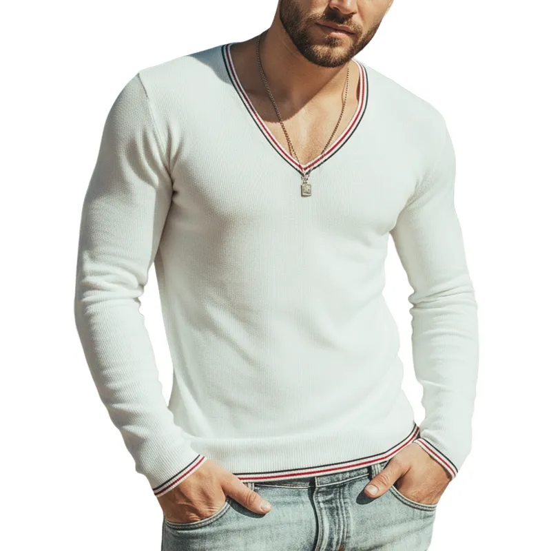 Men's Urban Color-block V-neck High-stretch Slim-fit Sweater MTZ2261A8U sold by Manly