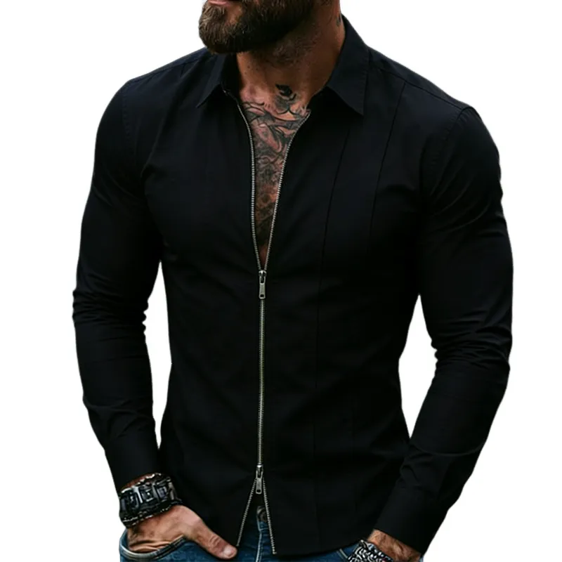 Men's Retro Casual Cotton Lapel Zippered Long-Sleeved Shirt MTZ2711A6TO sold by Manly