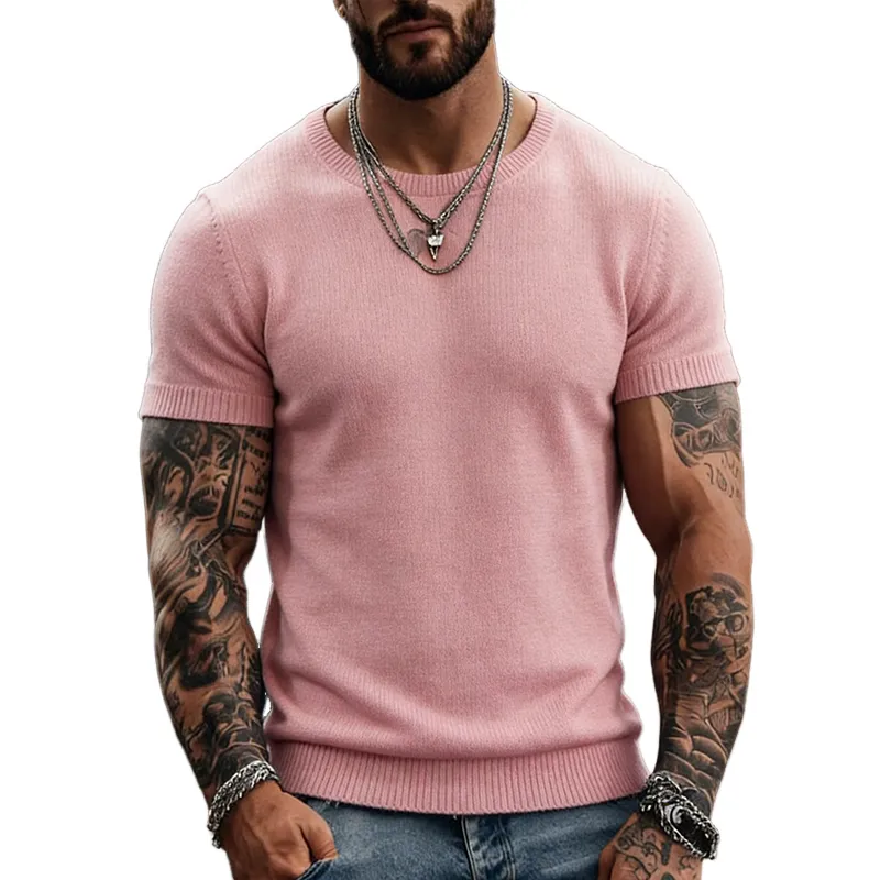 Men's Retro Casual Knitted Crew Neck Short-Sleeved T-shirt MTZ2783A8TO sold by Manly
