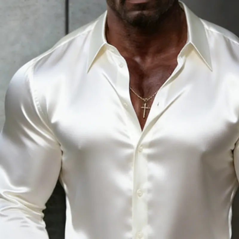 Men's Retro Casual Solid Color Satin Lapel Long-Sleeved Shirt MTZ2724A4TO sold by Manly product image thumbnail 3