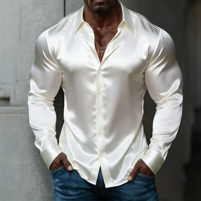 Men's Retro Casual Solid Color Satin Lapel Long-Sleeved Shirt MTZ2724A4TO sold by Manly product image thumbnail 2
