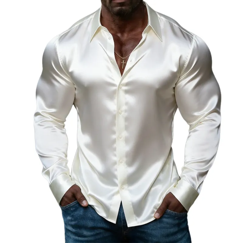 Men's Retro Casual Solid Color Satin Lapel Long-Sleeved Shirt MTZ2724A4TO sold by Manly