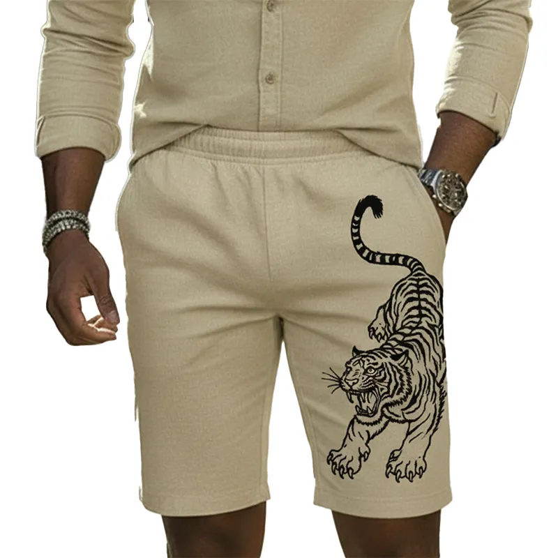 Men's Fashion Tiger-Embroidered 100% Cotton Beach Shorts MTZ2712A8P made by Manly