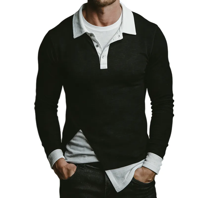 Men's Vintage Casual Color-Block Polo Long-Sleeve T-Shirt MTZ2974A7TO made by Manly