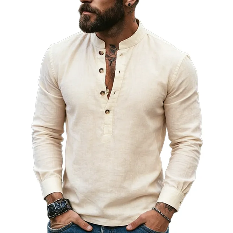 Men's Vintage Casual Solid Color Cotton-Linen Henley Long-Sleeve Shirt MTZ2734A4TO sold by Manly