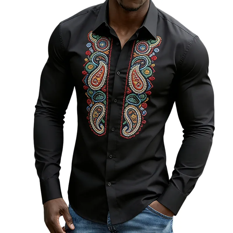 Men's Retro Casual Perris Embroidered Cotton Lapel Long Sleeved Shirt MTZ2912A8TO sold by Manly