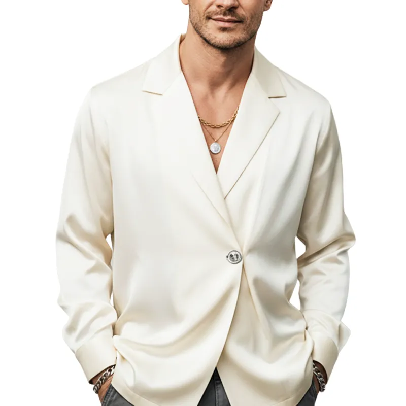 Men's Luxury Acetate Satin Single-button Beige Long-sleeved Shirt MTZ2985A7U sold by Manly
