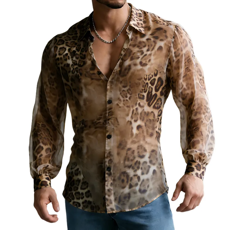 Men's Retro Casual Chiffon Leopard Print Lapel Long-Sleeve Shirt MTZ0540B1TO sold by Manly