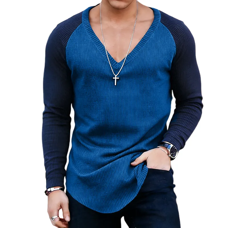 Men's Retro Casual Ribbed V-Neck Color Block Long-Sleeve T-Shirt MTZ0539B1TO made by Manly