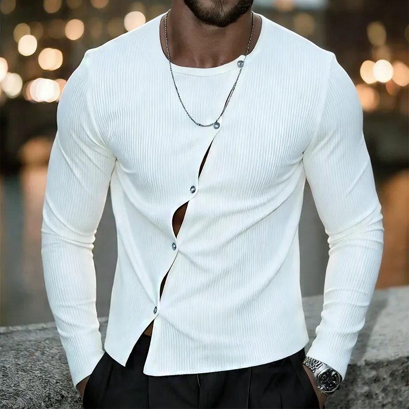 Men's Retro Casual Ribbed Crew Neck Button-Up Long Sleeve T-Shirt MTZ0539B0TO sold by Manly product image thumbnail 2