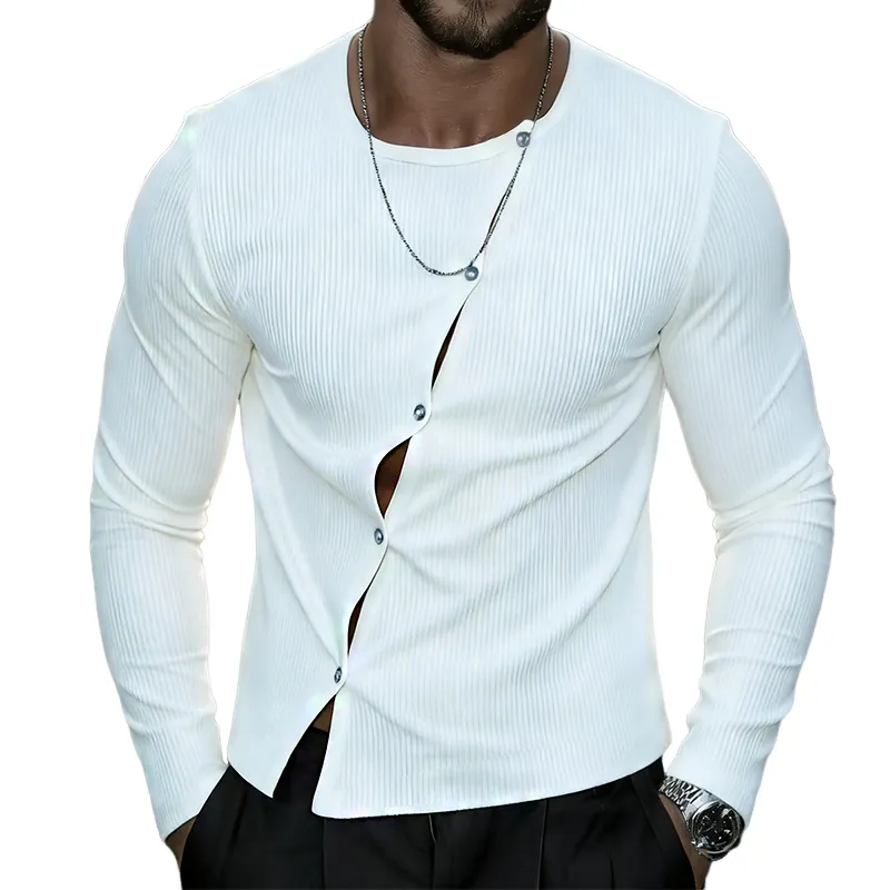 Men's Retro Casual Ribbed Crew Neck Button-Up Long Sleeve T-Shirt MTZ0539B0TO made by Manly