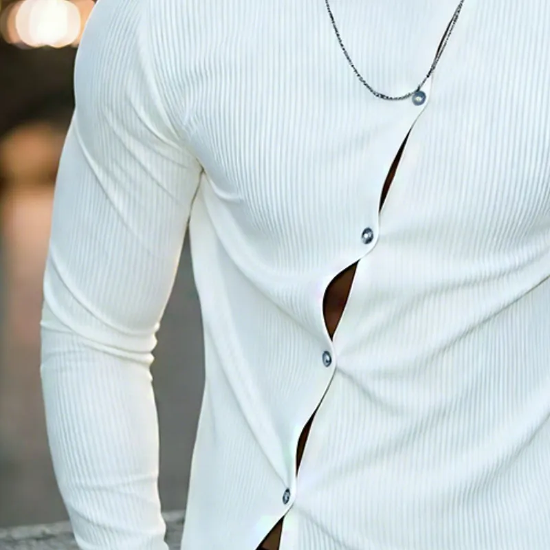 Men's Retro Casual Ribbed Crew Neck Button-Up Long Sleeve T-Shirt MTZ0539B0TO sold by Manly product image thumbnail 3