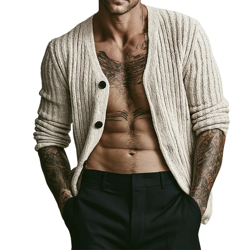 Men's Retro Casual Knitted Collarless Button-Down Cardigan MTZ0430B3TO sold by Manly