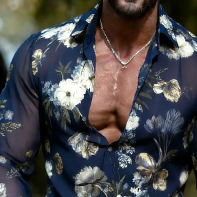 Men's Retro Casual Chiffon Floral Print Lapel Long-Sleeve Shirt MTZ0591B7TO sold by Manly product image thumbnail 3