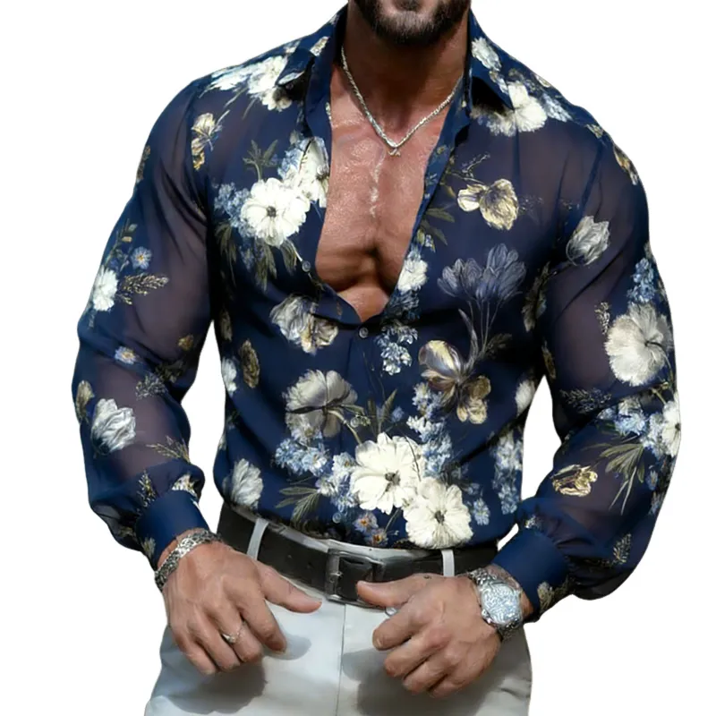 Men's Retro Casual Chiffon Floral Print Lapel Long-Sleeve Shirt MTZ0591B7TO sold by Manly