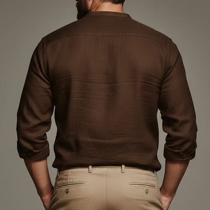 Men's Classic Cotton And Linen Dark Brown Button-down Collar Long-sleeved T-shirt MTZ0549B3U sold by Manly product image thumbnail 4