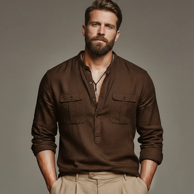 Men's Classic Cotton And Linen Dark Brown Button-down Collar Long-sleeved T-shirt MTZ0549B3U sold by Manly product image thumbnail 2