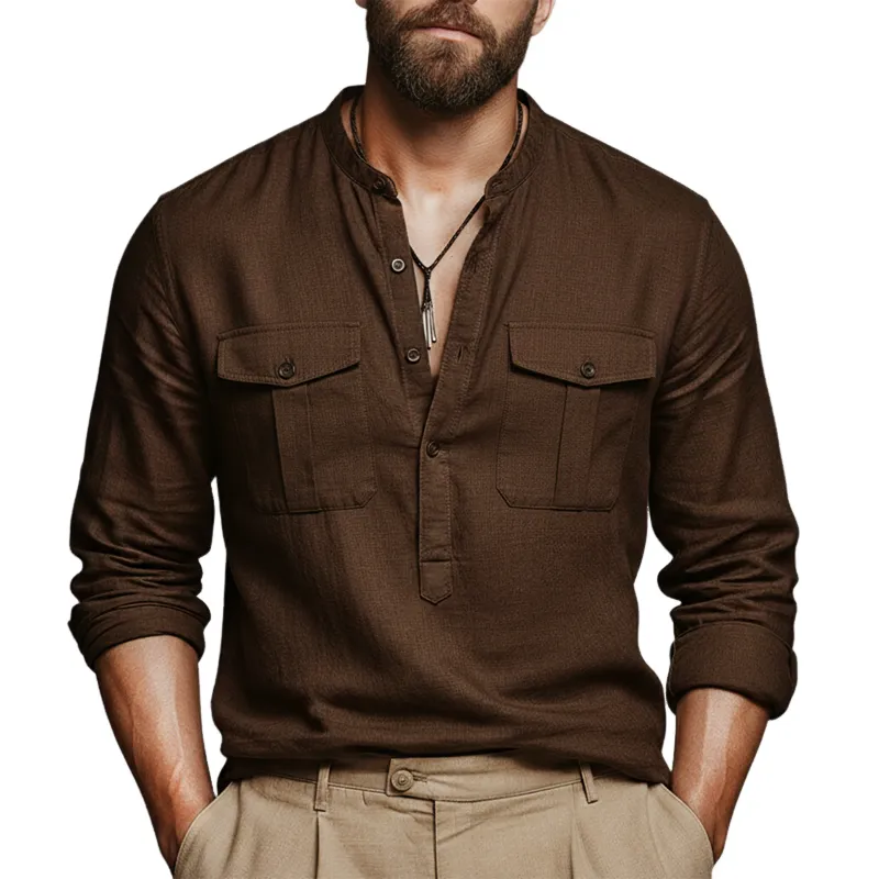 Men's Classic Cotton And Linen Dark Brown Button-down Collar Long-sleeved T-shirt MTZ0549B3U made by Manly