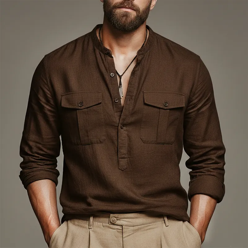 Men's Classic Cotton And Linen Dark Brown Button-down Collar Long-sleeved T-shirt MTZ0549B3U sold by Manly product image thumbnail 3