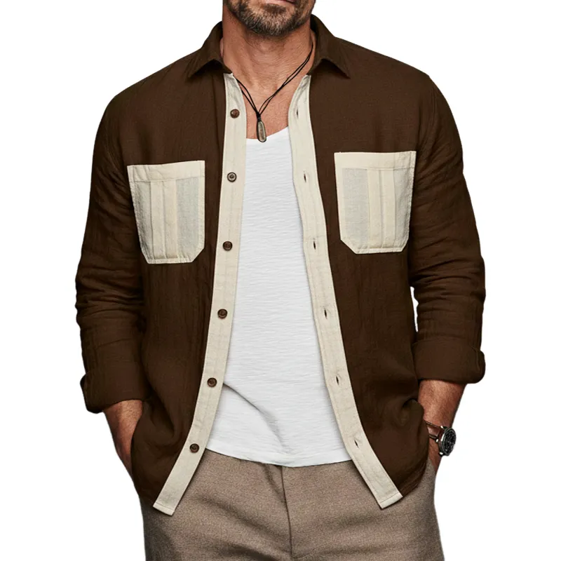 Men's Stylish Color-block Cotton And Linen Long-sleeved Shirt MTZ0531B5U sold by Manly