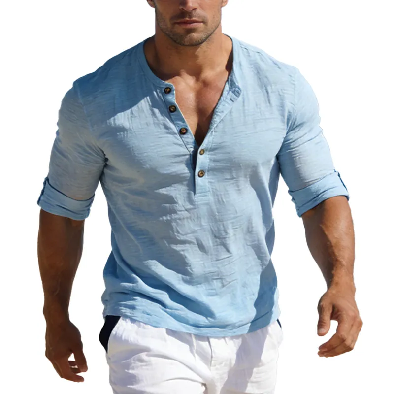 Men's Spring/Summer Fashion Polyester Blend Textured Long-Sleeve Henley Shirt MTZ0545B8P sold by Manly