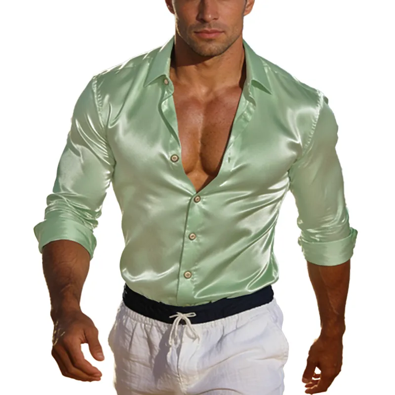 Men's Spring/Summer Fashion High-Elasticity Imitation Satin Long-Sleeved Casual Shirt MTZ0566B5P sold by Manly
