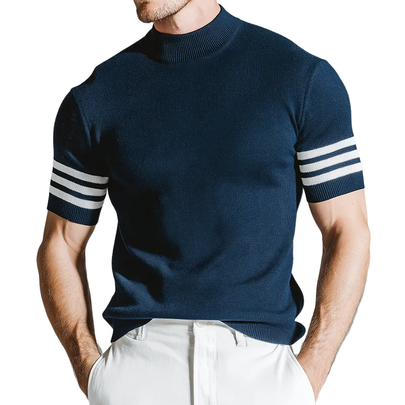 Men's Retro Casual Knit Striped High Neck Short Sleeve T-Shirt MTZ0456B2TO sold by Manly