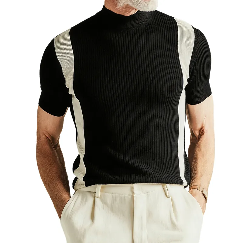 Men's Retro Casual Knit Striped High Neck Short Sleeve T-Shirt MTZ0455B0TO sold by Manly