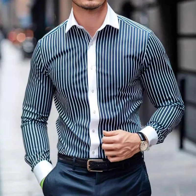 Men's Casual Retro Striped Lapel Long Sleeve Shirt 11673660TO sold by Manly product image thumbnail 3