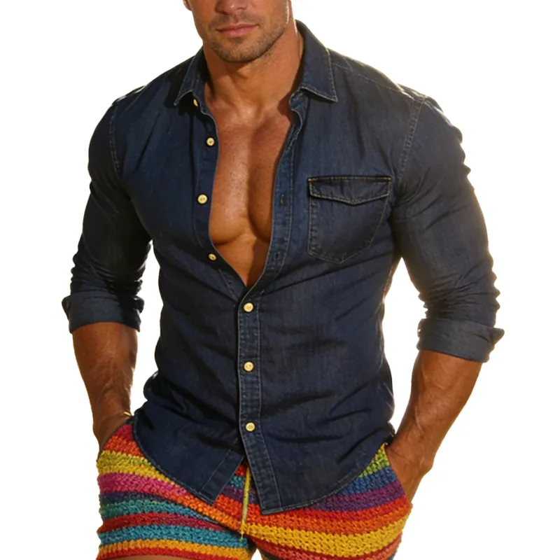 Men's Spring/Summer Fashion Slim-Fit Long-Sleeved Shirt With Slight Stretch (Denim-like Fabric) MTZ0692B8P sold by Manly