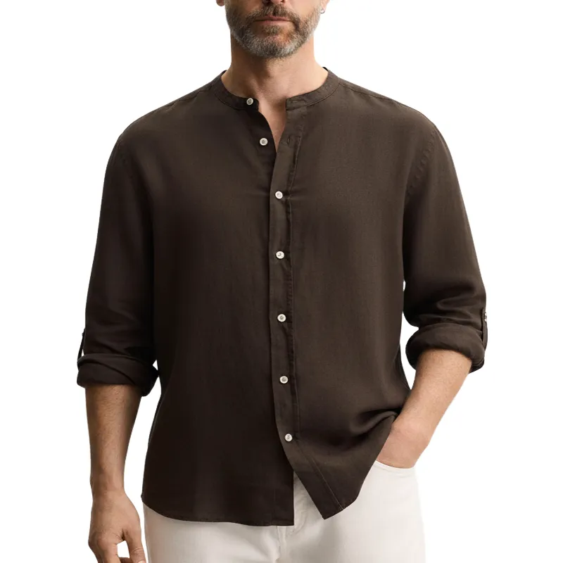 Men's Classic Dark Brown Cotton And Linen Long-sleeved Shirt MTZ1207B2U made by Manly