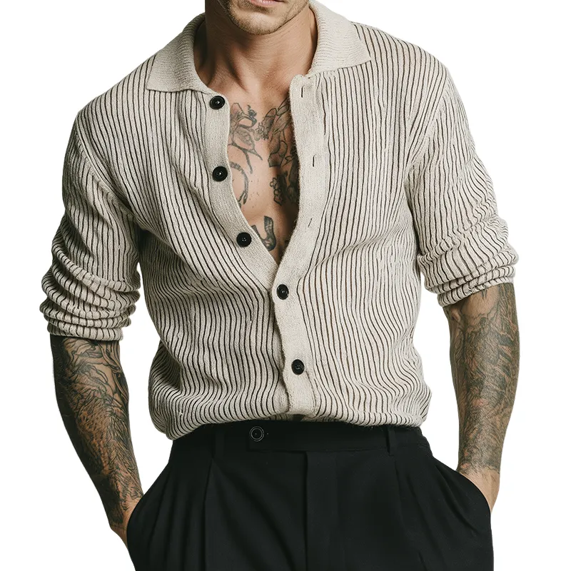 Men's Retro Casual Knit Striped Collarless Long-Sleeve Shirt MTZ0460B2TO sold by Manly