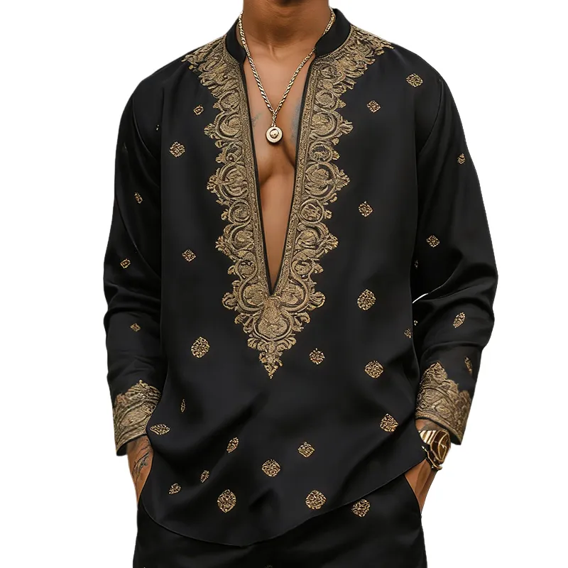 Men's Retro Casual Court Style Printed V-Neck Long Sleeve Shirt MTZ1131B3TO sold by Manly