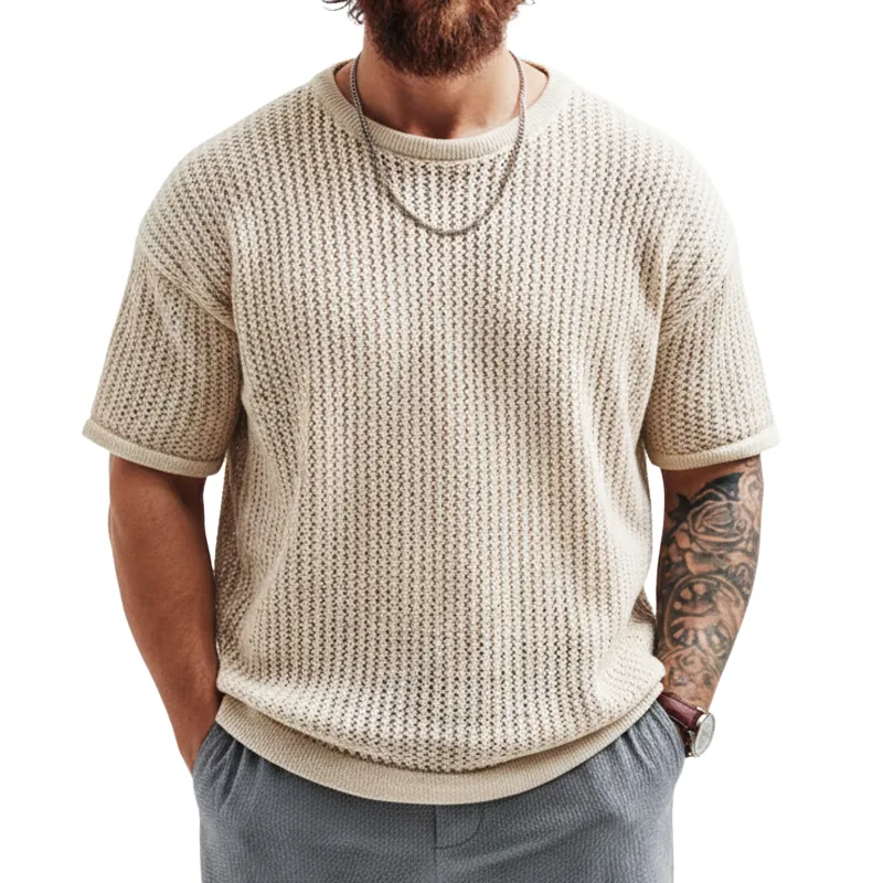 Men's Fashion Light Khaki Crew Neck Textured Knit Short-Sleeve T-Shirt MTZ1172B1U sold by Manly