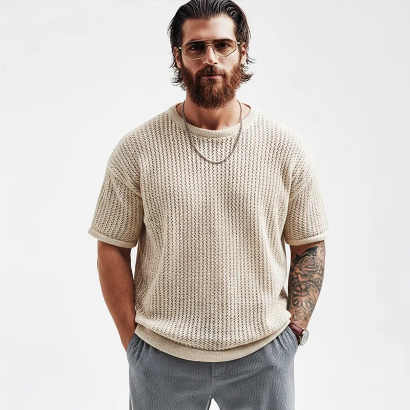 Men's Fashion Light Khaki Crew Neck Textured Knit Short-Sleeve T-Shirt MTZ1172B1U sold by Manly product image thumbnail 2