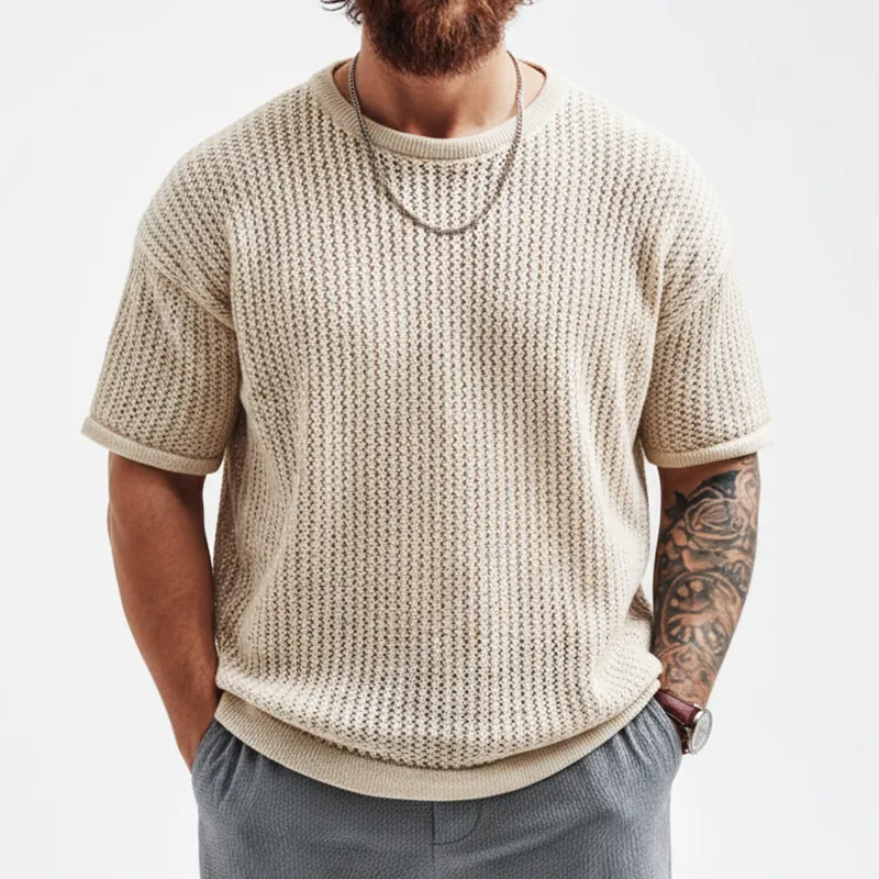 Men's Fashion Light Khaki Crew Neck Textured Knit Short-Sleeve T-Shirt MTZ1172B1U sold by Manly product image thumbnail 3