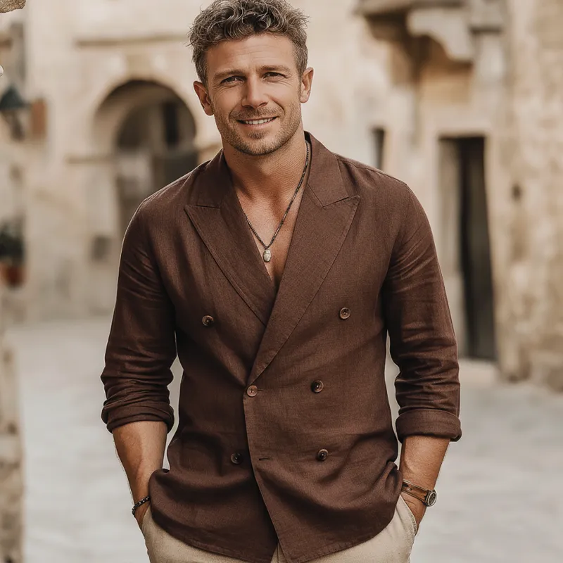 Men's Classic Business Brown Cotton Linen Double-Breasted Long-Sleeve Shirt MTZ1091B6U sold by Manly product image thumbnail 2