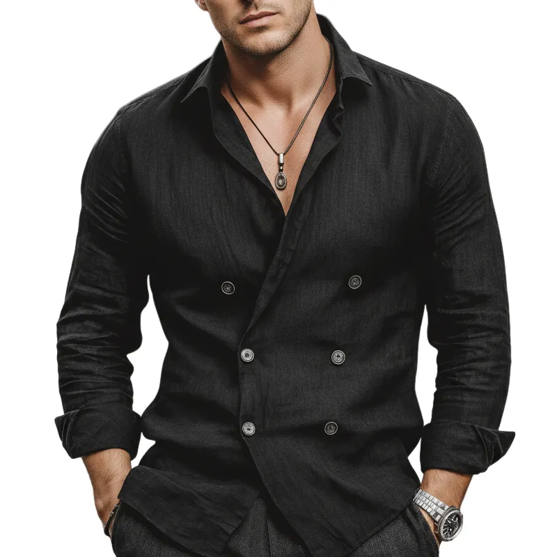 Men's Classic Business Double-breasted Black Cotton And Linen Long-sleeved Shirt MTZ1004B0U sold by Manly