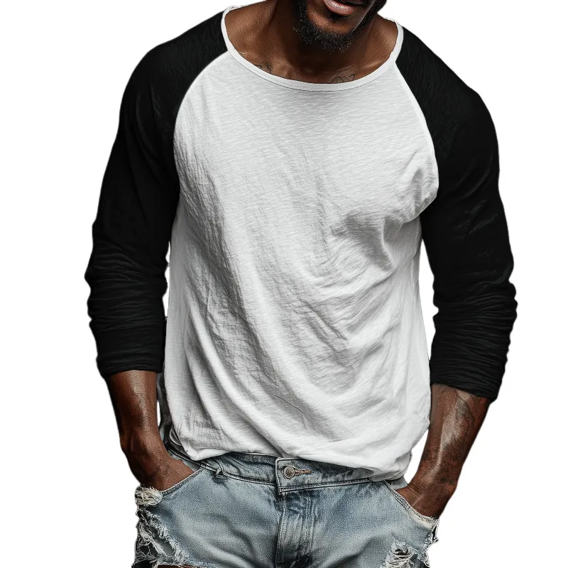 Men's Retro Casual Color Block Crew Neck Long Sleeve T-shirt MTZ0969B0TO made by Manly