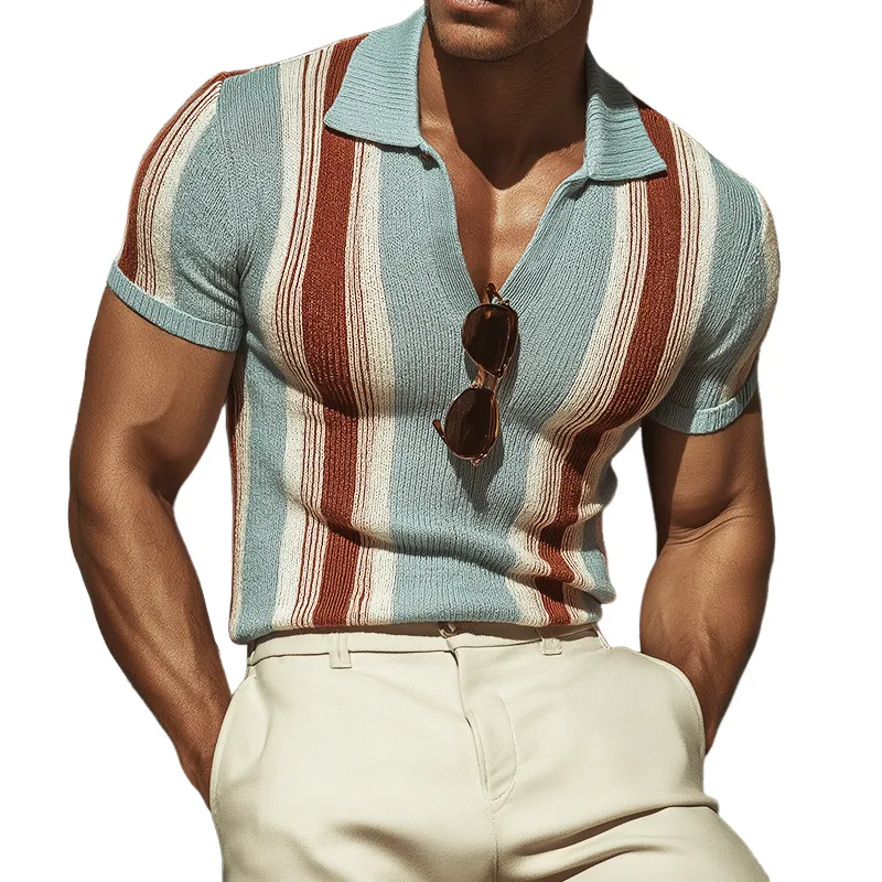 Men's Retro Casual Knit Striped Lapel Short-Sleeve T-Shirt MTZ0425B0TO sold by Manly