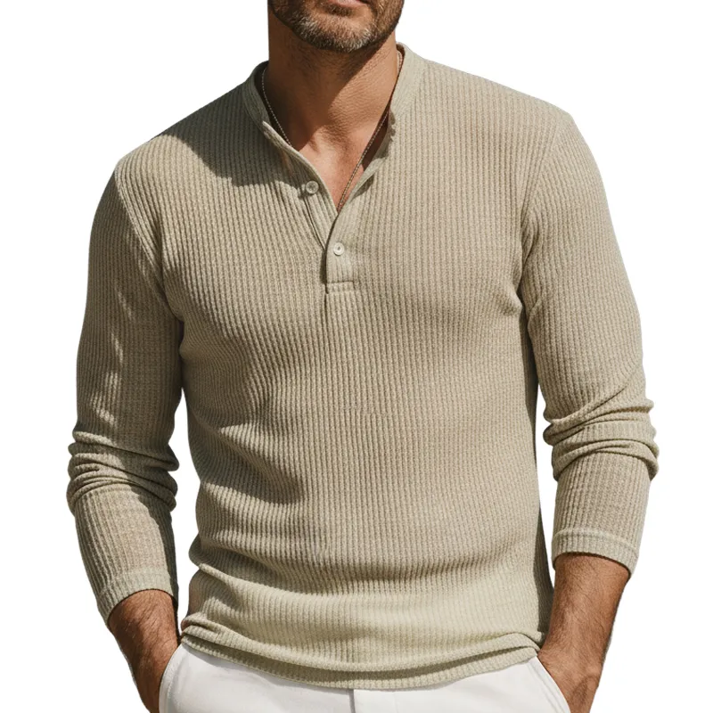 Men's Classic Three-button Henley Neck High-stretch Knitted Long-sleeved T-shirt MTZ0904B3U made by Manly