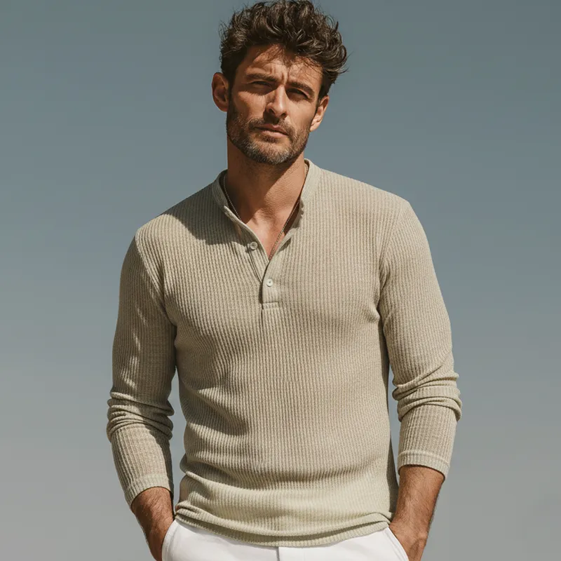 Men's Classic Three-button Henley Neck High-stretch Knitted Long-sleeved T-shirt MTZ0904B3U sold by Manly product image thumbnail 2