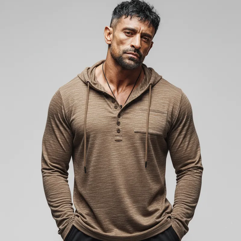 Men's Urban Brown Button-down Collar Hooded Sweatshirt MTZ0900B0U sold by Manly product image thumbnail 2