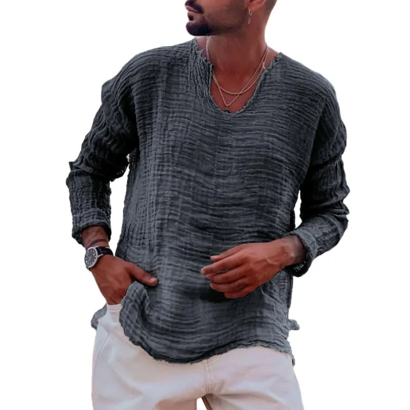 Men's Solid Loose U-shaped Collar Long Sleeve Casual Shirt 60617891Z sold by Manly