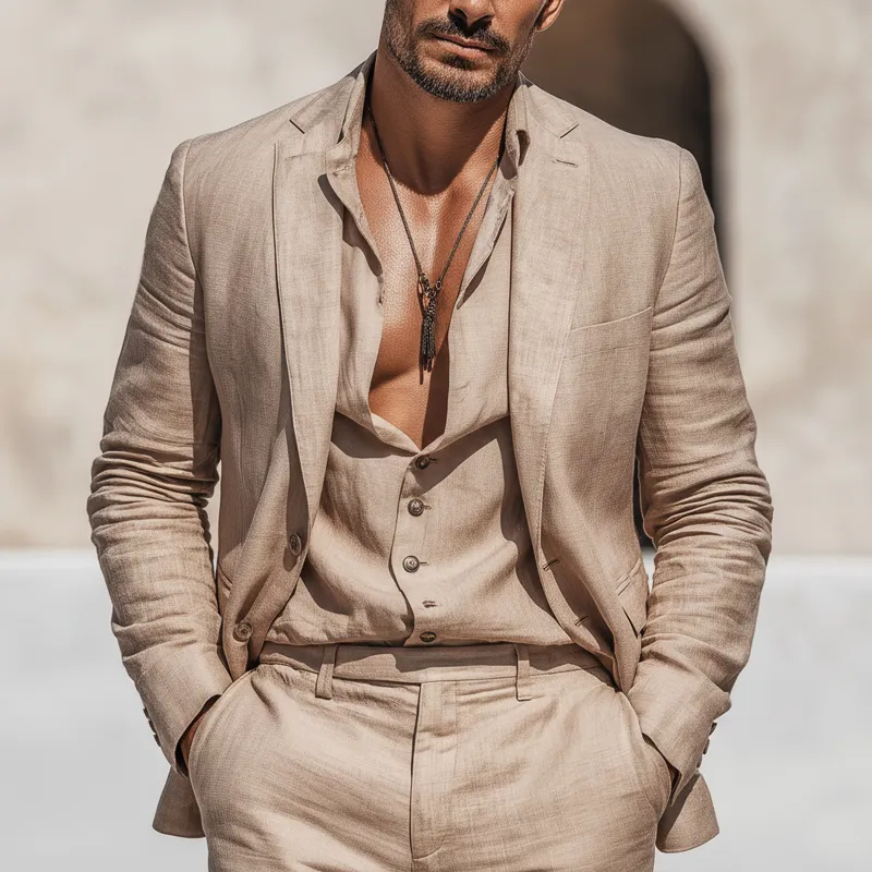 Men's Classic Khaki Cotton Linen Double-button Double-vent Blazer MTZ1380B0U sold by Manly product image thumbnail 2