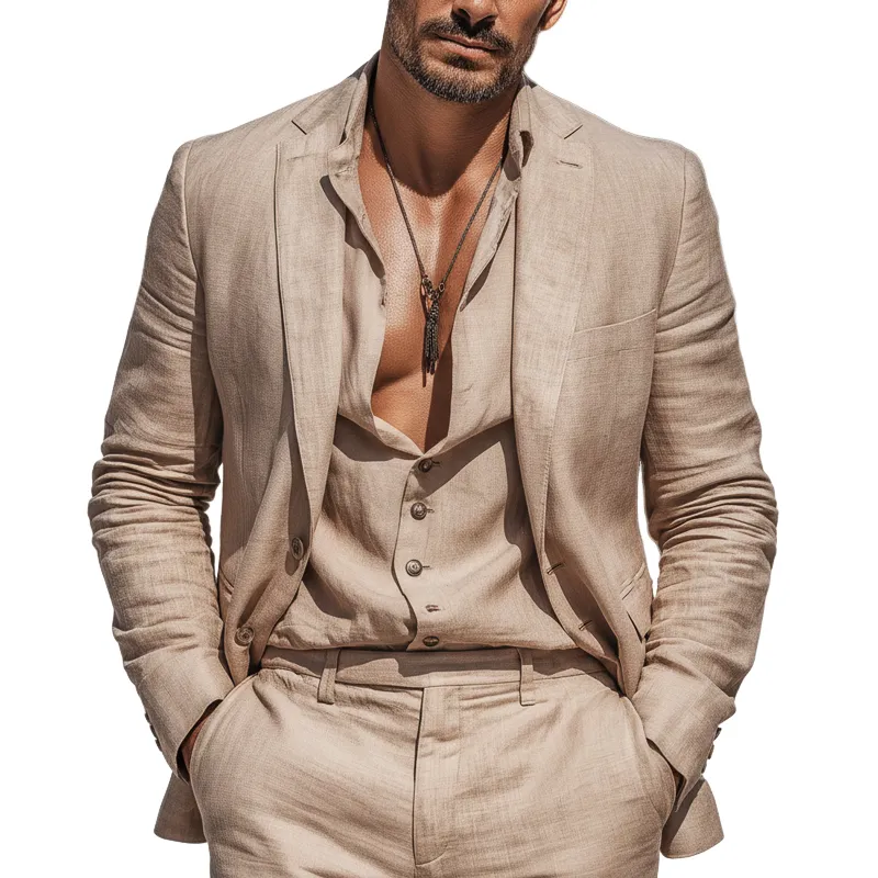 Men's Classic Khaki Cotton Linen Double-button Double-vent Blazer MTZ1380B0U made by Manly